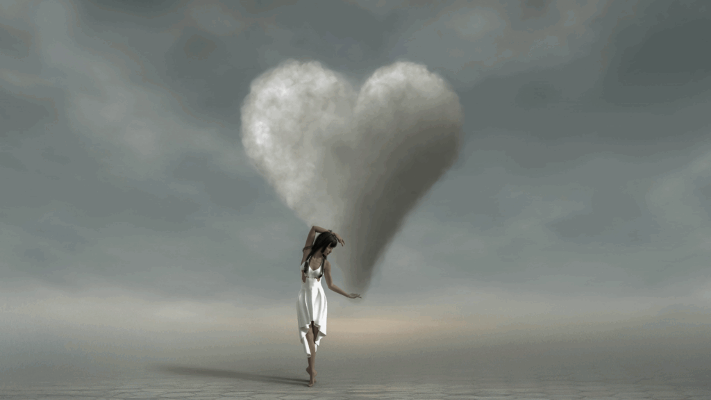 The Rise of Romantasy: Understanding the Psychological Appeal 4 Romantasy-inspired visual with woman under heart-shaped cloud
