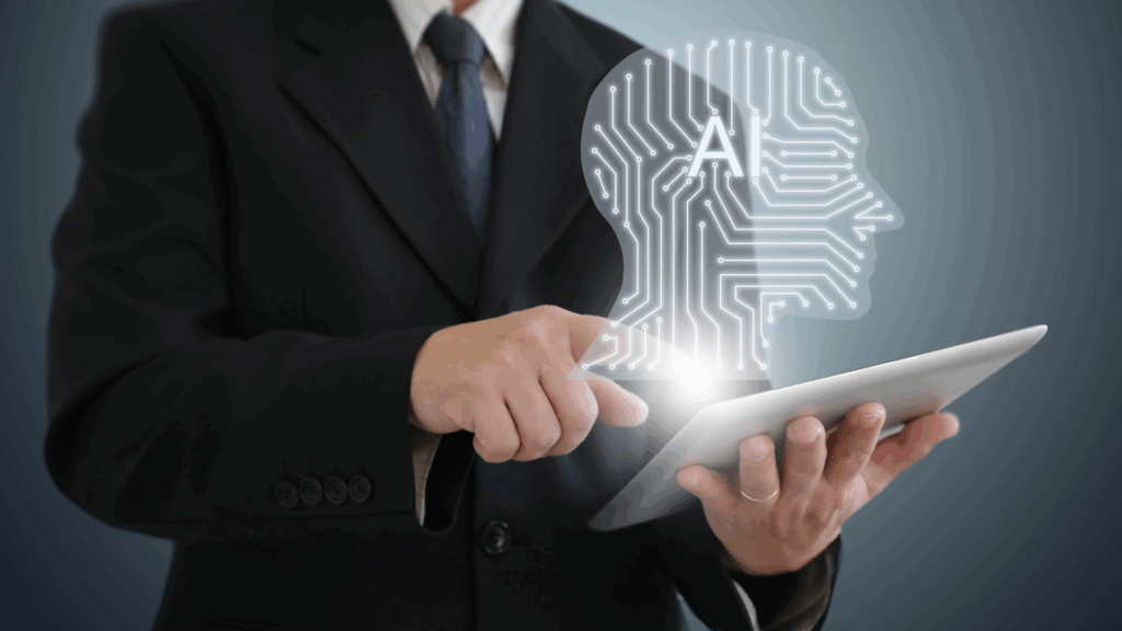 Business professional using tablet with AI neuroscience coaching graphic.