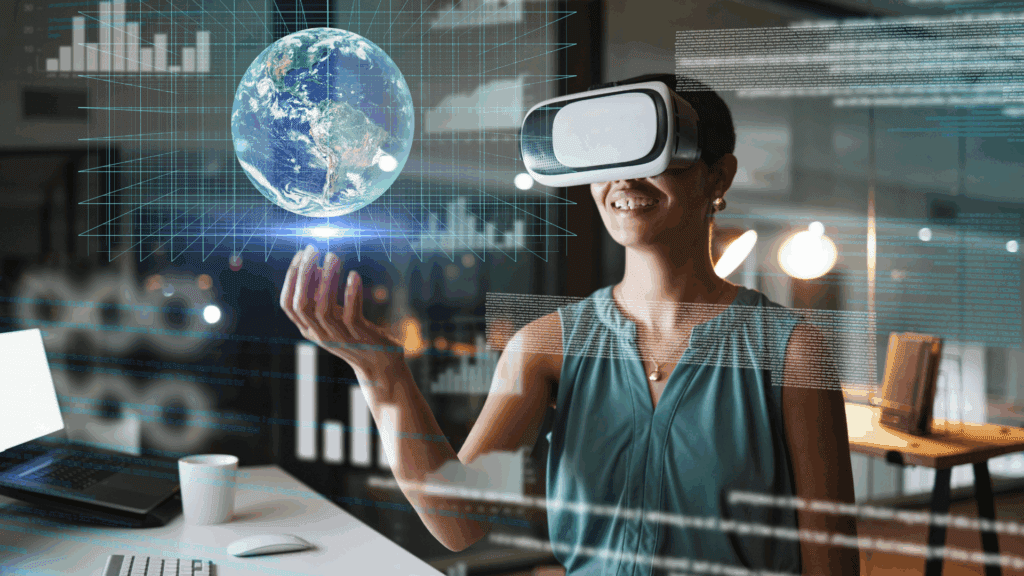 Woman using virtual reality for AI neuroscience coaching in a modern office.