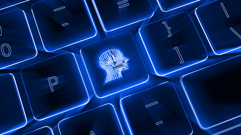 Digital keyboard with illuminated AI neuroscience coaching icon.