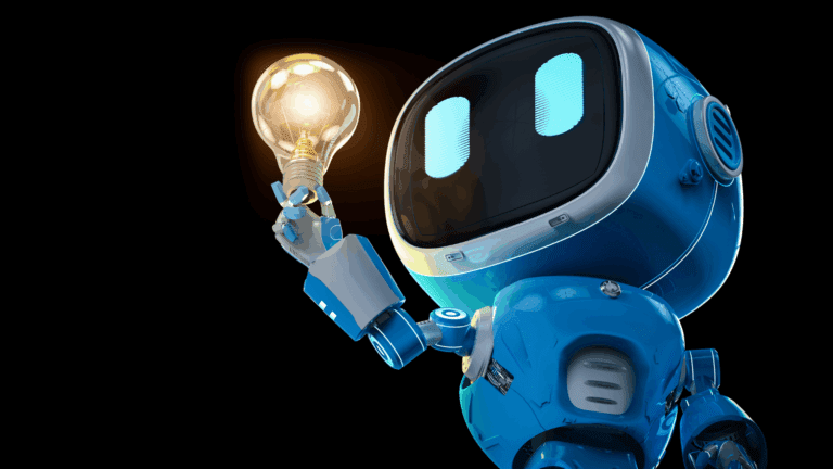 On the Blog 3 Robot holding a glowing light bulb symbolizing AI neuroscience coaching innovation.
