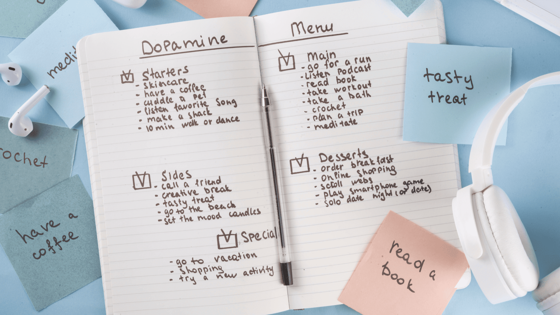 A handwritten dopamine menu notebook demonstrates practical dopamine optimization strategies.