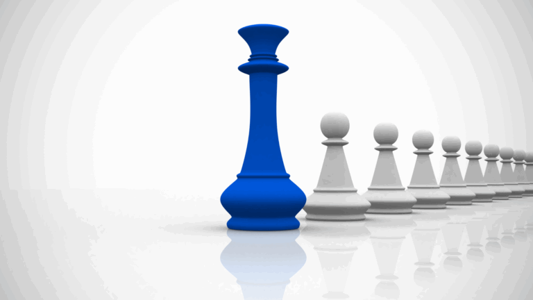 On the Blog 7 Blue chess king standing in front of white pawns, symbolizing executive presence and leadership impact.