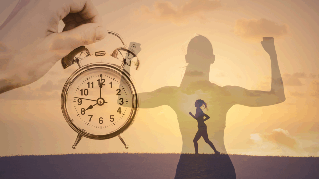 Hand holding an alarm clock with a silhouette of a strong, running woman, showing how the brain drives motivation for action and perseverance.