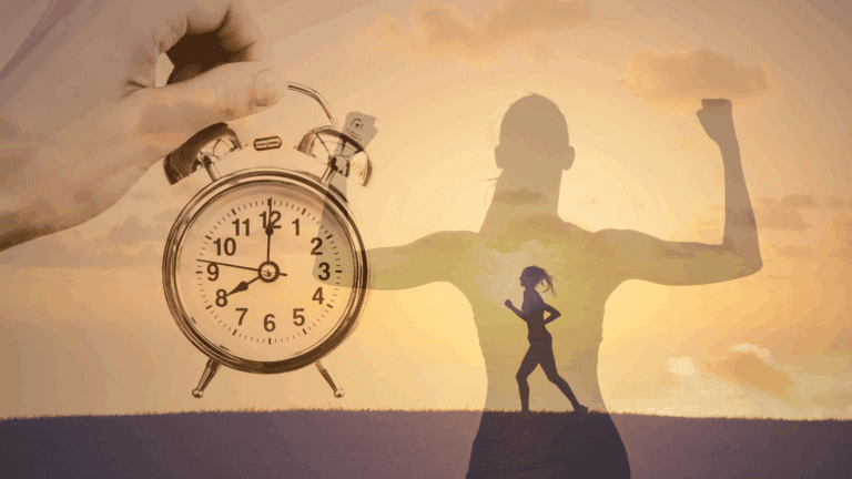 On the Blog 9 Hand holding an alarm clock with a silhouette of a strong, running woman, showing how the brain drives motivation for action and perseverance.