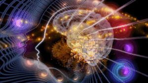 Abstract illustration of a brain with digital elements representing neuroplasticity coaching.