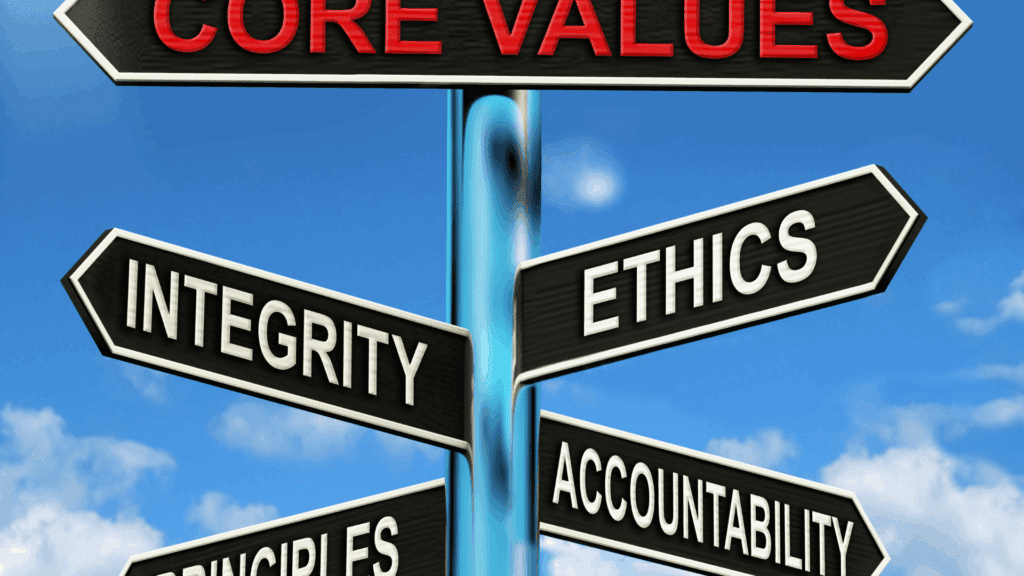 Road signs displaying core values like integrity and ethics, symbolizing taking the high road.