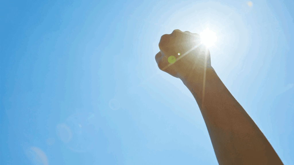 Raised fist against the sun, symbolizing achievement and the neuroscience of mental toughness.

