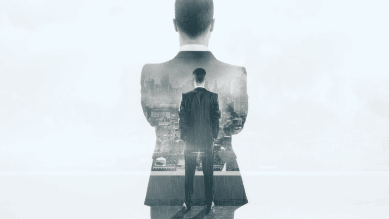 Purpose-driven career change visualized as a professional overlooking a city skyline.