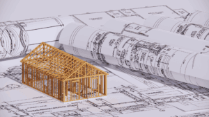 Wooden house model on architectural blueprints representing structured design principles in gamified learning.