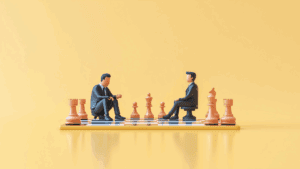 Two businesspeople sitting on a chessboard playing a strategic game to illustrate the concept of gamified learning.