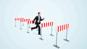Businessman in a suit running through hurdles, symbolizing resilience and progress with guidance from a growth mindset coach.