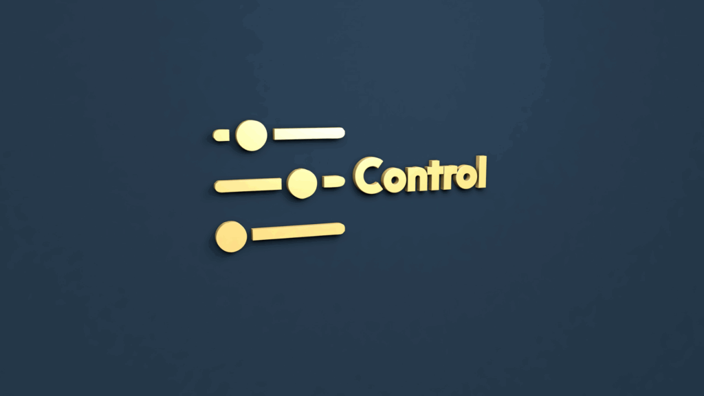 Golden control sliders with the word Control on a dark blue background, symbolizing the neuroscience of compulsivity.
