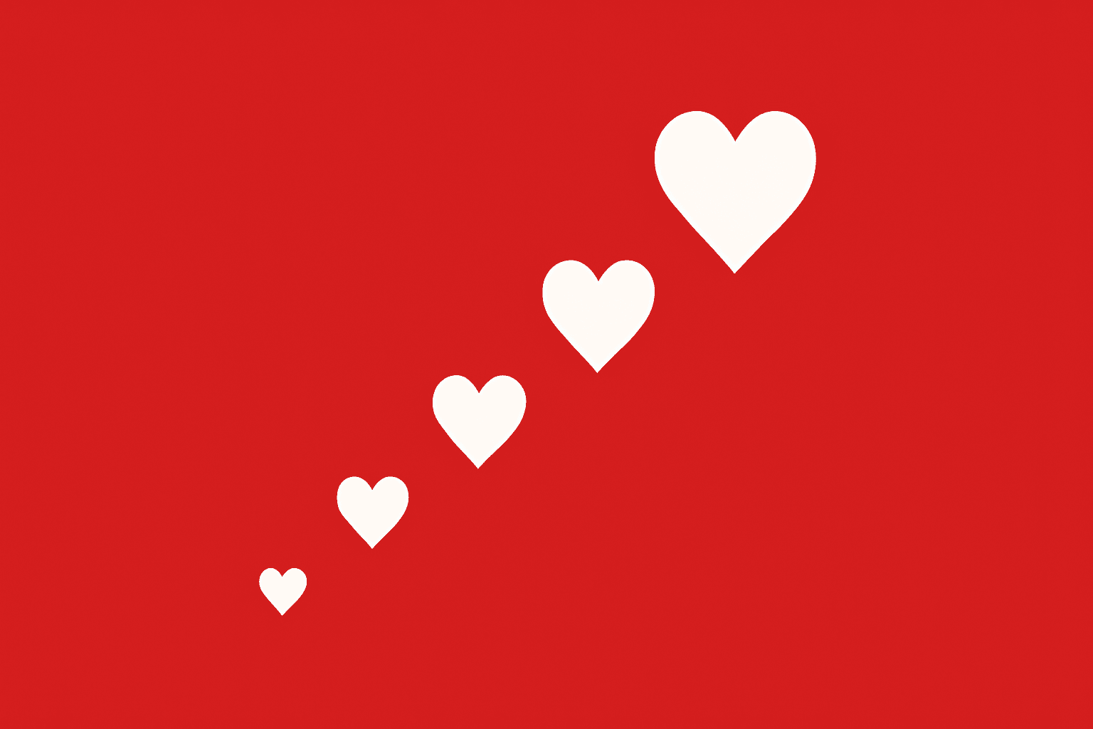 White hearts of increasing sizes arranged diagonally on a bright red background, symbolizing the growth of dopamine and relationships bonding over time.