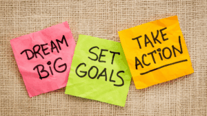 Dopamine-Aware Leadership: Neuroscience for Motivating Teams 4 “Sticky notes with messages dream big, set goals, take action, symbolizing motivation in Dopamine-Aware Leadership.”