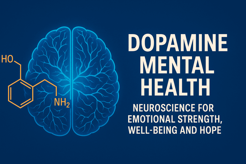 Dopamine Mental Health: Neuroscience for Emotional Strength, Well-Being and Hope 8 Dopamine mental health infographic showing dopamine molecule structure and brain illustration with text reading Dopamine Mental Health: Neuroscience for Emotional Strength, Well-being and Hope.