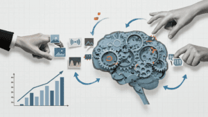 The Neuroscience of Adaptive Leadership 1 “Hands interacting with gears and charts inside a brain illustration, symbolizing the Neuroscience of Adaptive Leadership and decision-making.”