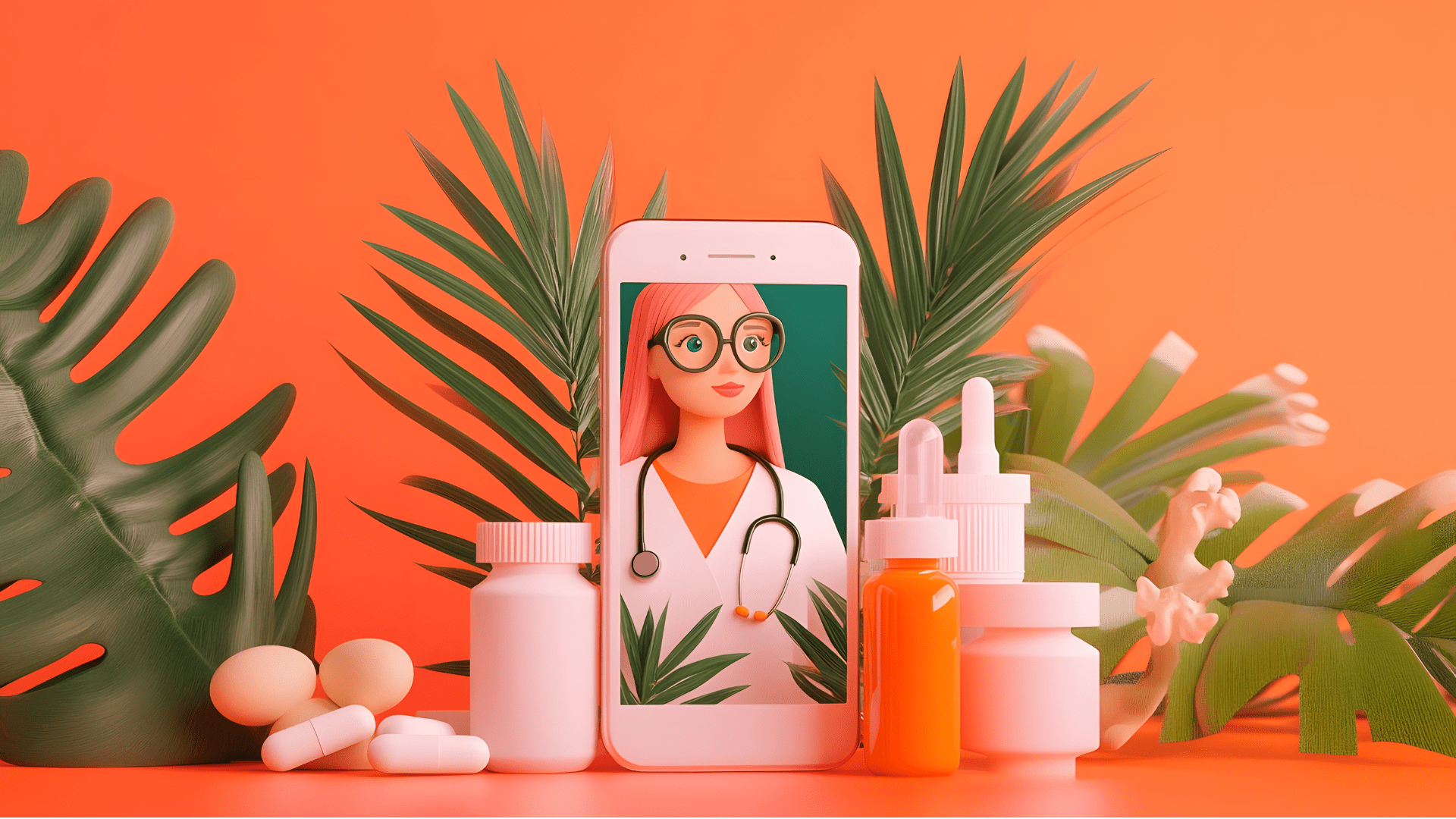 Smartphone showing a virtual wellness coach surrounded by supplements and tropical leaves, symbolizing online health guidance.