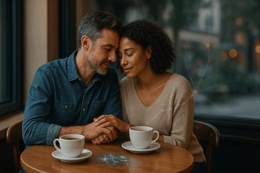 A middle-aged couple holding hands over coffee cups with subtle neural network patterns glowing on the table, depicting dopamine and relationships in everyday connection.