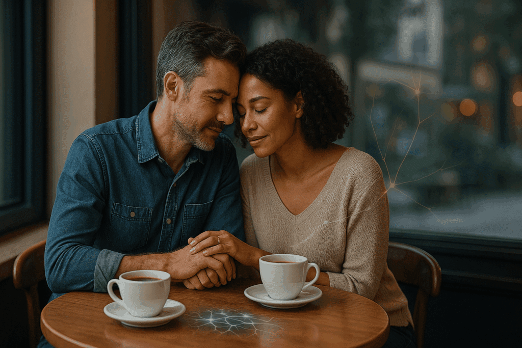 A middle-aged couple holding hands over coffee cups with subtle neural network patterns glowing on the table, depicting dopamine and relationships in everyday connection.