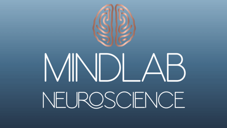 MindLab Neuroscience logo featuring a stylized brain icon with the brand Name representing neuroscience-based dopamine coaching expertise.