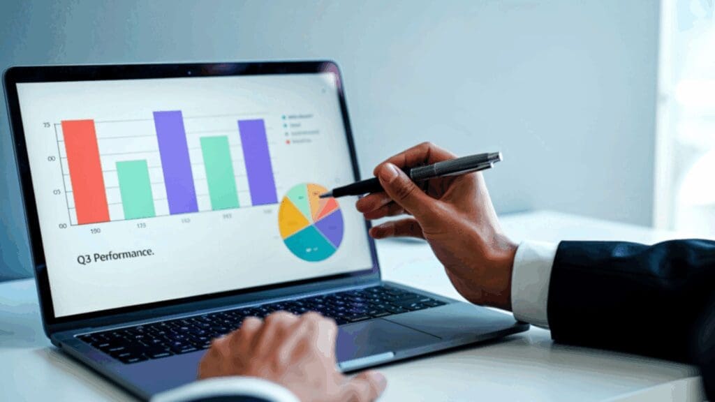 Executive analyzing Q3 performance metrics using dopamine genetics and personalized neuroscience data insights.