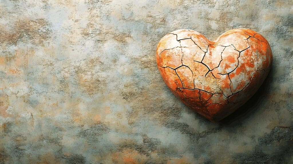 A weathered, cracked rust-colored heart-shaped stone on a textured wall, symbolizing resilience and healing through dopamine and relationships recovery from heartbreak.