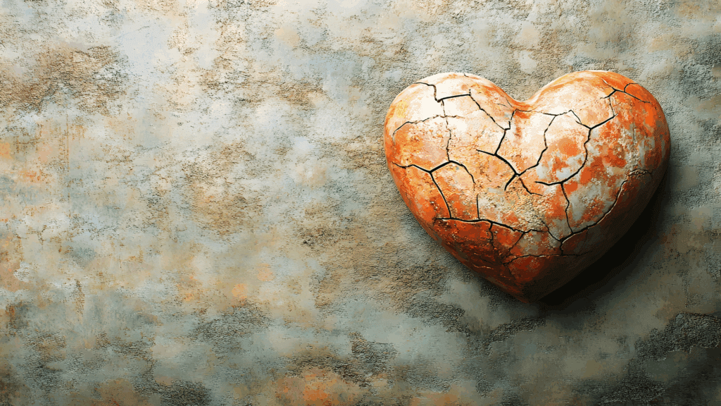 A weathered, cracked rust-colored heart-shaped stone on a textured wall, symbolizing resilience and healing through dopamine and relationships recovery from heartbreak.