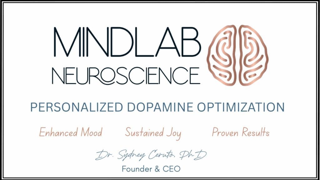 MindLab Neuroscience logo and brain icon with text "Personalized Dopamine Optimization," listing enhanced mood, sustained joy, and proven results, presented by Dr. Sydney Ceruto, PhD.