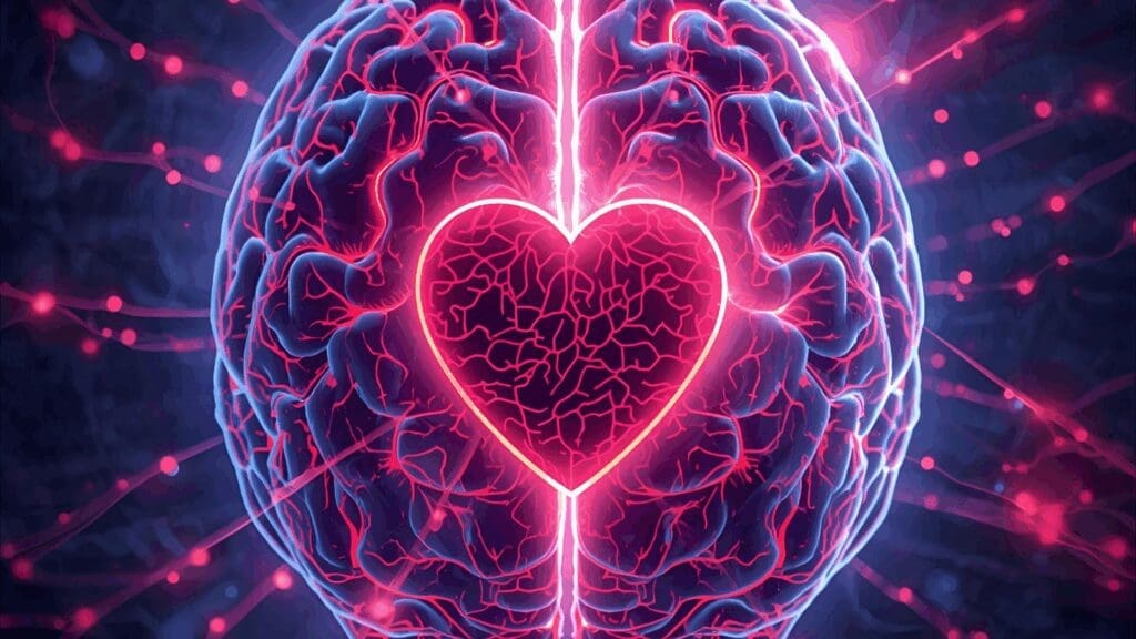 A glowing neon heart shape at the center of an illuminated brain with neural pathways lighting up in red and pink, representing dopamine and relationships activation in the brain's reward system.