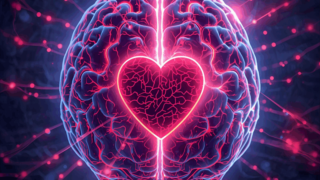 A glowing neon heart shape at the center of an illuminated brain with neural pathways lighting up in red and pink, representing dopamine and relationships activation in the brain's reward system.