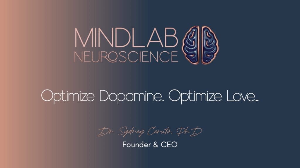 MindLab Neuroscience branding featuring a brain icon with tagline "Optimize Dopamine. Optimize Love" by Dr. Sydney Ceruto, founder and CEO.