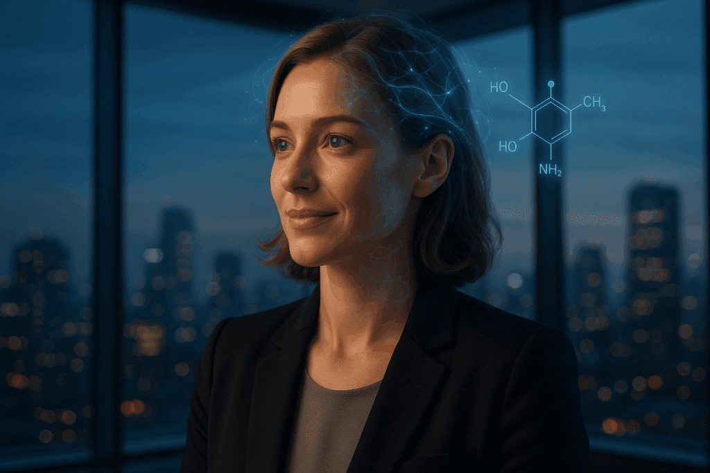 Executive woman understanding dopamine workplace performance with molecular neuroscience overlay.





