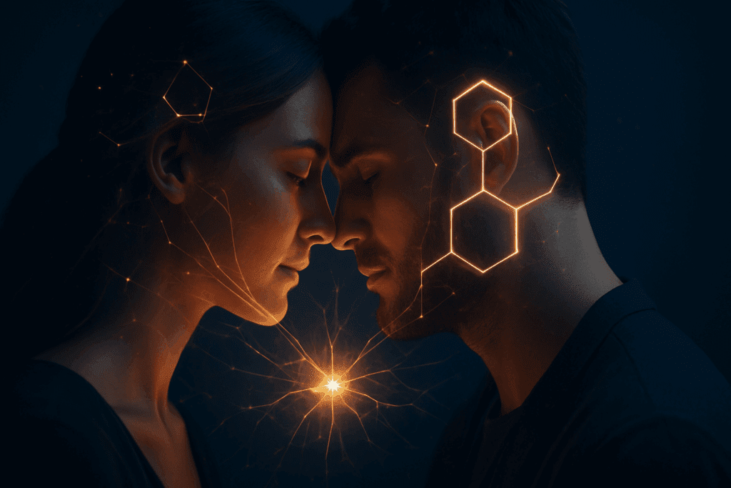 Dopamine and Relationships: The Neuroscience of Love 7 A couple in profile about to kiss with golden neon dopamine molecules and hexagonal structures glowing between them, illustrating dopamine and relationships activation.