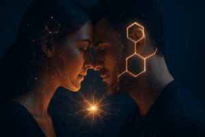 A couple in profile about to kiss with golden neon dopamine molecules and hexagonal structures glowing between them, illustrating dopamine and relationships activation.