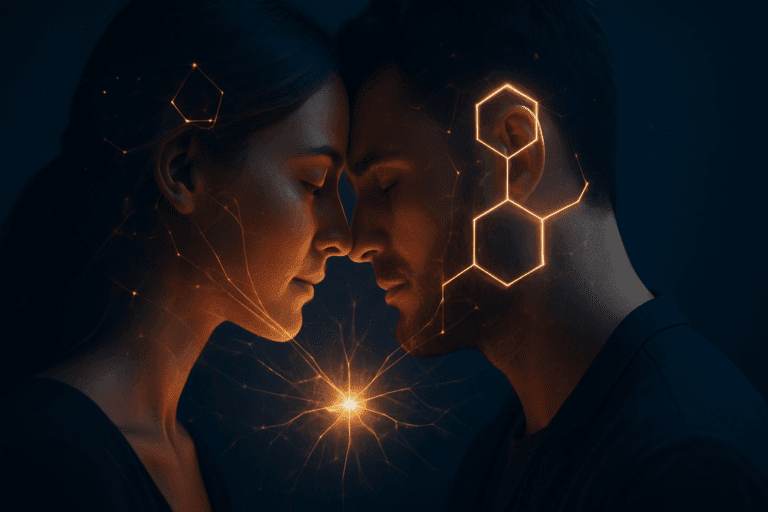A couple in profile about to kiss with golden neon dopamine molecules and hexagonal structures glowing between them, illustrating dopamine and relationships activation.