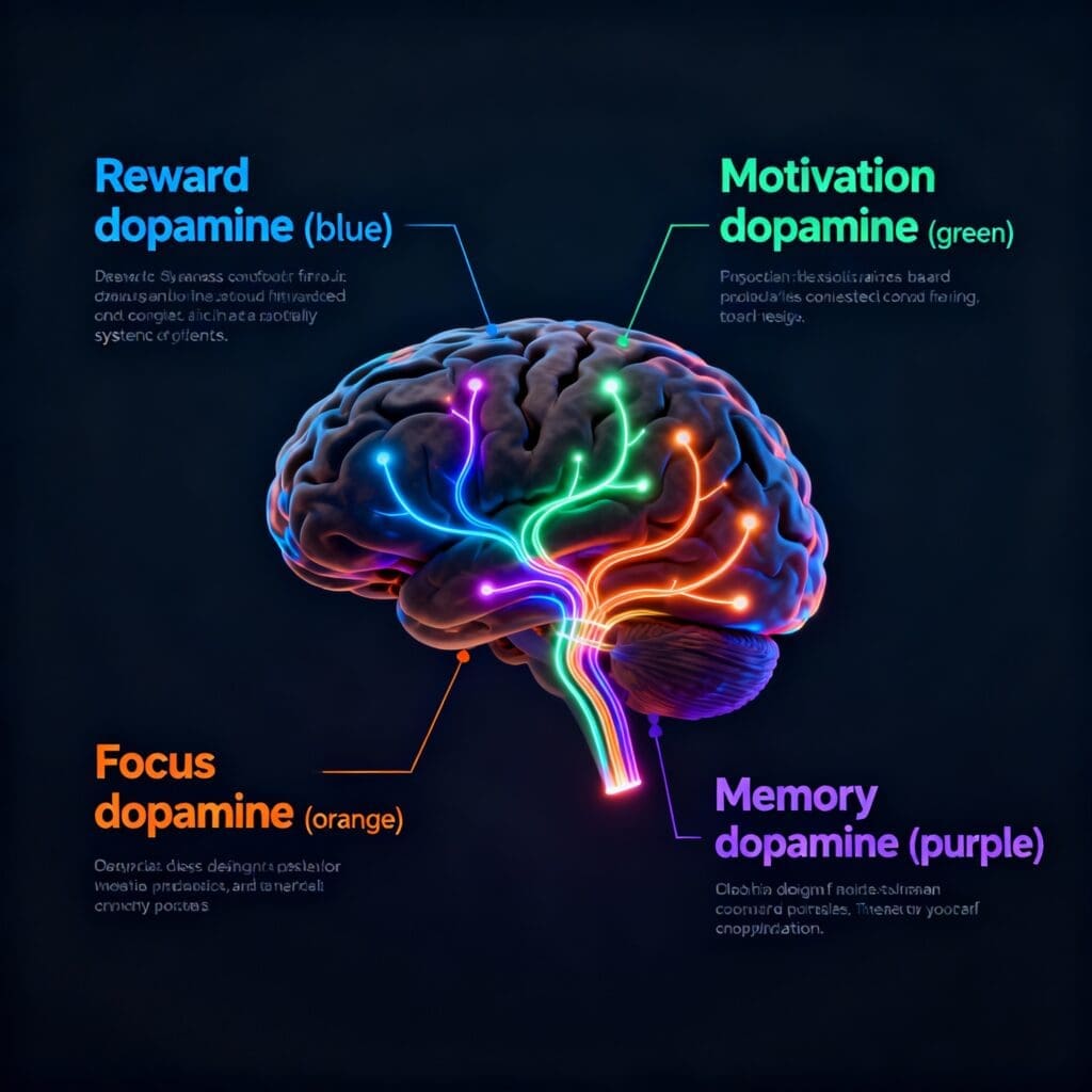 Brain dopamine system infographic highlighting four dopamine subsystems including reward, motivation, focus, and memory pathways.