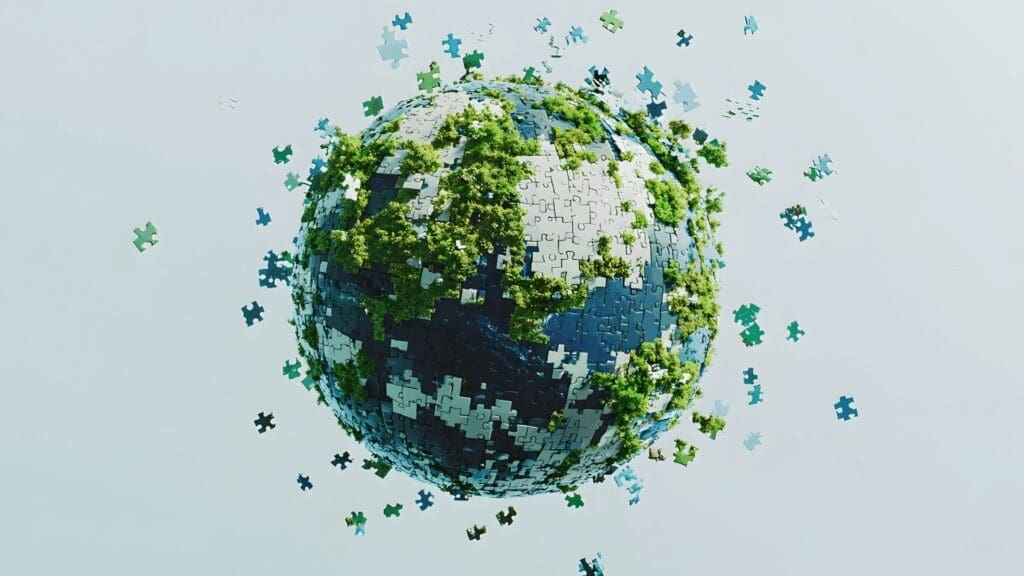 Globe puzzle pieces fitting together representing integration and holistic anxiety relief for high performers