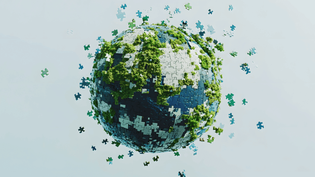 Anxiety Relief for High Performers: Overcome Fear 5 Globe puzzle pieces fitting together representing integration and holistic anxiety relief for high performers