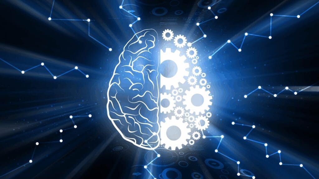 Brain illustration with processing gears showing cognitive function and anxiety management for high performers