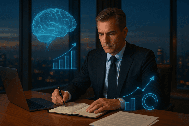 Executive analyzing dopamine workplace performance metrics with neuroscience data visualization.