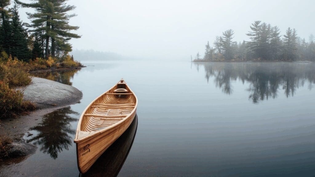 Calm wooden canoe on foggy lake representing peace after feeling blah