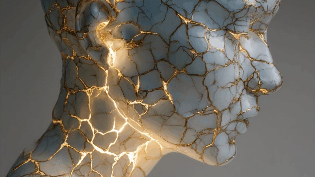 A porcelain and gold head and neck statue representing neuroscience and feeling like a loser.