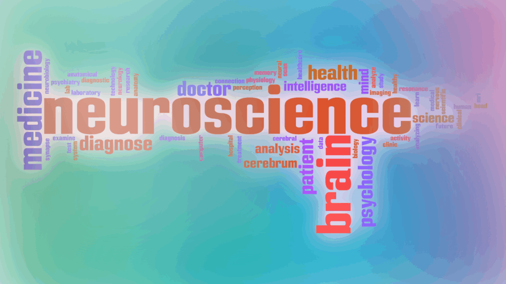 Neuroscience terms word cloud showing brain science in neuroscience coach vs therapist work.