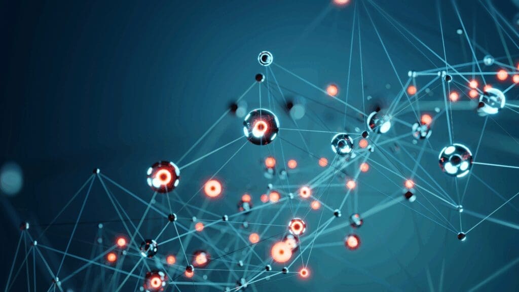 A digital network of connected spheres glows against a blue background, representing brain science in neuroscience coaching for executives.