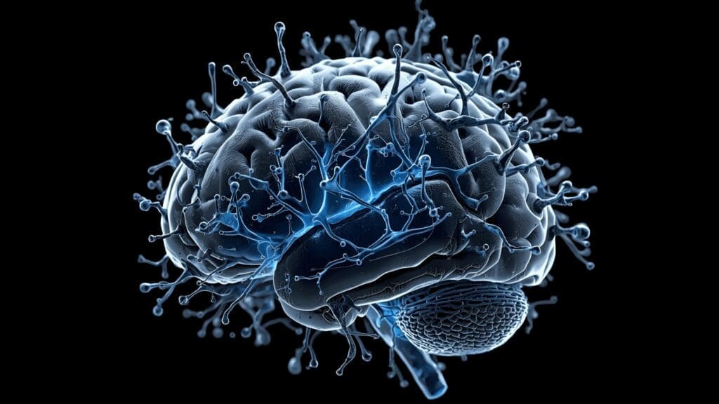 Abstract neural network with highlighted synapses representing neuroplasticity in neuroscience of performance coaching.