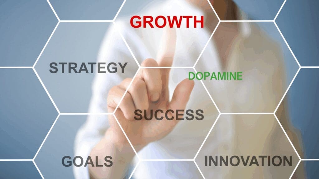A businessperson points to growth, strategy, and success elements, illustrating topical authority in neuroscience-based coaching.