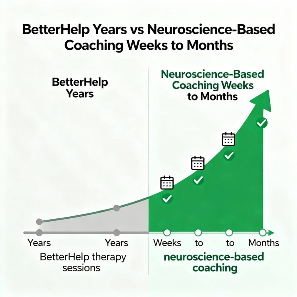 Timeline infographic comparing years of traditional therapy progress versus weeks to months with neuroscience-based coaching results.