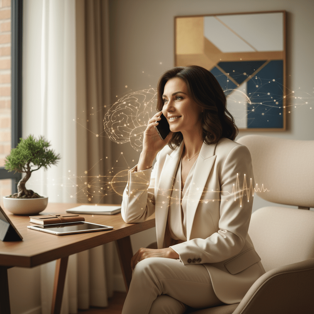 Professional female neuroscience life coach on strategy call with glowing golden brain visualization and neural network overlay, representing cutting-edge neuroscience-based coaching methodology.