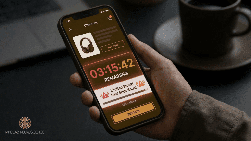 Black Friday Brain: Neuroscience Behind Impulse Purchases 1 Person viewing Black Friday countdown timer on mobile phone with "limited stock" warning and urgency indicators